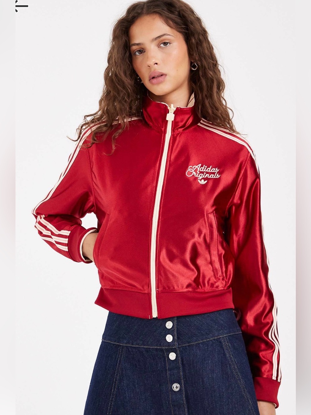 NWT adidas Red Satin Women's Track Bomber Jacket with White Stripes